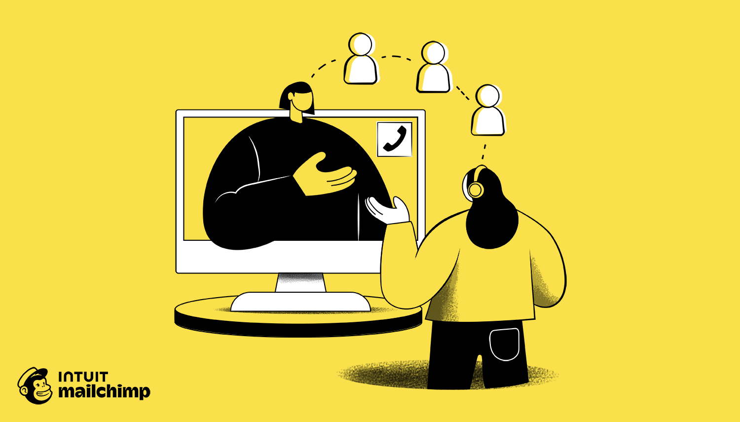 Illustration of person with headphones in video call, connecting to multiple users shown as icons, on yellow background with Mailchimp logo