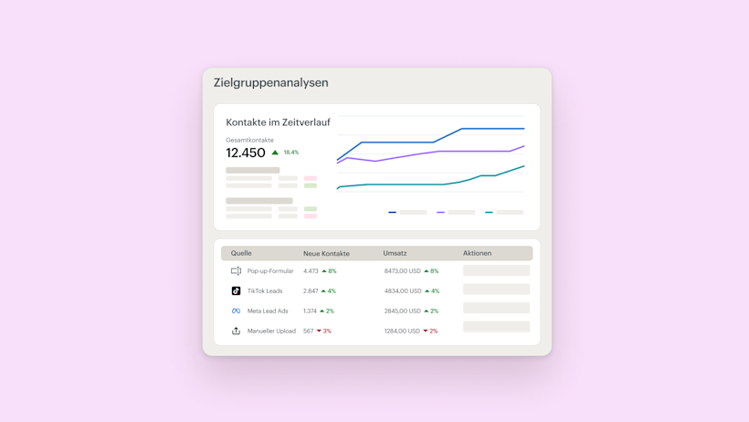 Analytics-Dashboard mit Kennzahlen zum Zielgruppenwachstum, mit Liniendiagrammen und Datentabellen, die Kontakte, Quellen und Interaktionen über einen längeren Zeitraum hinweg anzeigen.