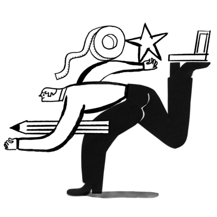 Illustration of a person running while holding a pencil, tape, a star, and a laptop