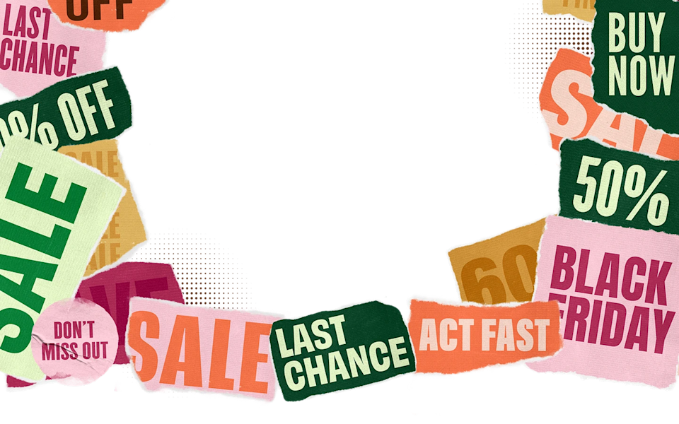 Ripped papers showing advertisements like "Last chance" "Black Friday" "Sale" and "Buy now" in shades of orange, pink, green, and yellow.