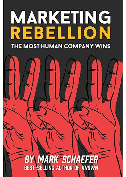 Book cover showing repeated red raised hands against black background with title "Marketing Rebellion" in white and yellow text