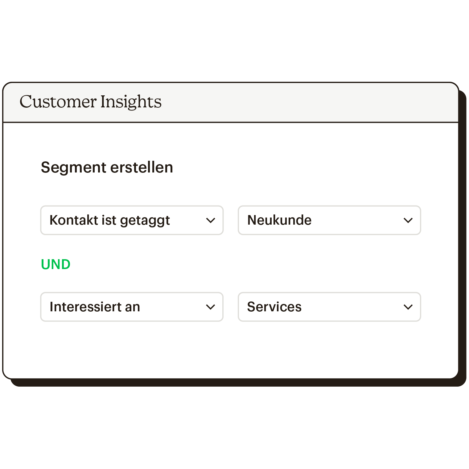 Verwenden benutzerdefinierter Erkenntnisse zum Erstellen eines Segments. Zum Beispiel, wenn der Kontakt als Neukunde markiert ist oder wenn er an Dienstleistungen interessiert ist.