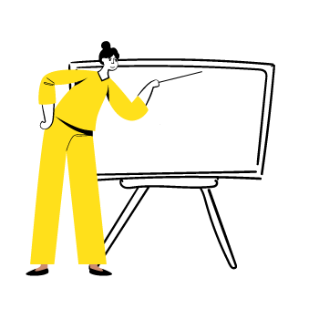 Woman pointing at white board