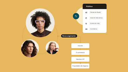 Um e-mail do produto, enviado pelo Mailchimp. Nas balões ao seu redor estão os logotipos de várias integrações que são compatíveis com o Mailchimp.