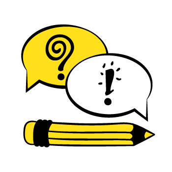 strong newsletters - illustration of a yellow pencil with two speech bubbles above it, one with a question mark and the other with an exclamation point