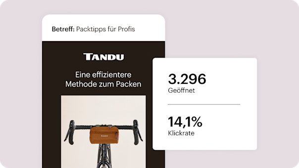 Ein abstraktes Beispiel für eine Mailchimp-E-Mail, zusammen mit leicht verständlichen Statistiken, die die Gesamtzahl der Öffnungen und die Klickrate aufschlüsseln.