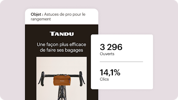 Un exemple abstrait d’un e-mail Mailchimp, accompagné de statistiques faciles à comprendre qui détaillent le nombre total d’ouvertures et le pourcentage de clics.