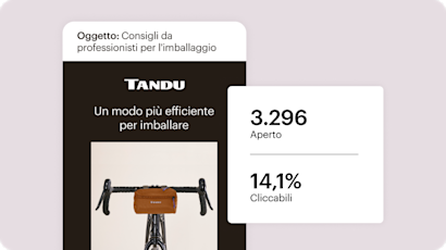 Un esempio astratto di un'email di Mailchimp, accompagnato da statistiche facili da comprendere che analizzano il numero totale di aperture e la percentuale di clic.