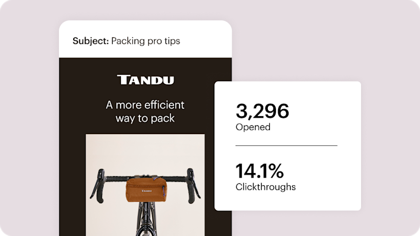 An abstract example of a Mailchimp email, alongside easy-to-understand stats breaking down the total number of opens and the clickthrough percentage.