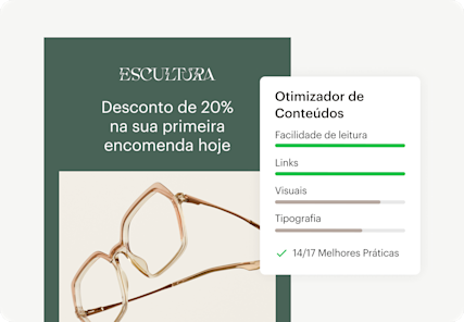 Imagem mostrando uma interface de e-mail de descontos abstrata, da marca fictícia Escultura, junto com a interface de usuário abstrata flutuante do Otimizador de Conteúdo do Mailchimp. O visual demonstra como os usuários podem aumentar o envolvimento com recomendações baseadas em dados.