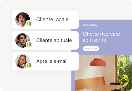 Immagine che mostra un'interfaccia utente astratta mobile di un'e-mail del brand fittizio Assembly, insieme a diversi profili di clienti. L'immagine mostra come integrare i dati dei clienti per migliorare le campagne e generare acquisti.