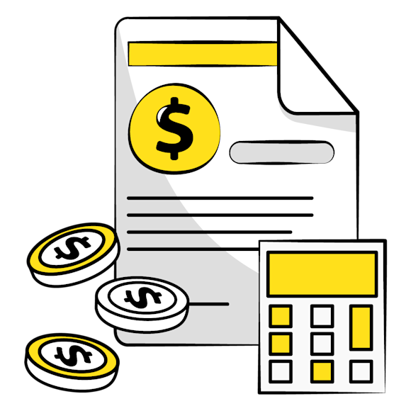 benefits of business benchmarks - Financial document with dollar sign icon, calculator, and three stacked coins in yellow and black line art style