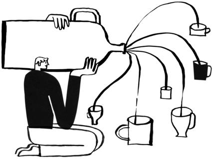 A person pouring from a jug into multiple coffee mugs