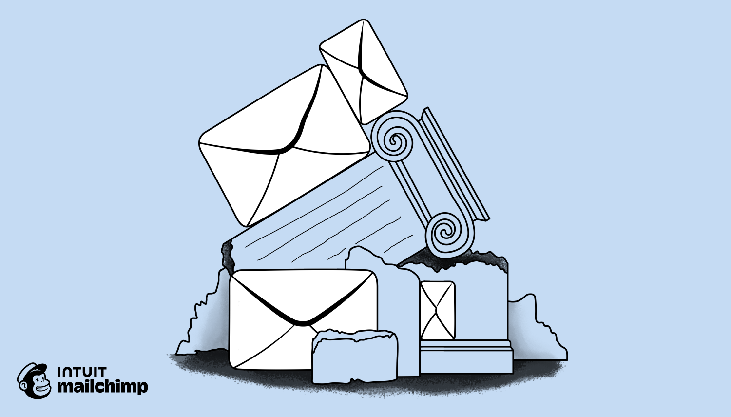 Illustration of white envelopes and classical columns against light blue background, with Mailchimp logo in bottom corner