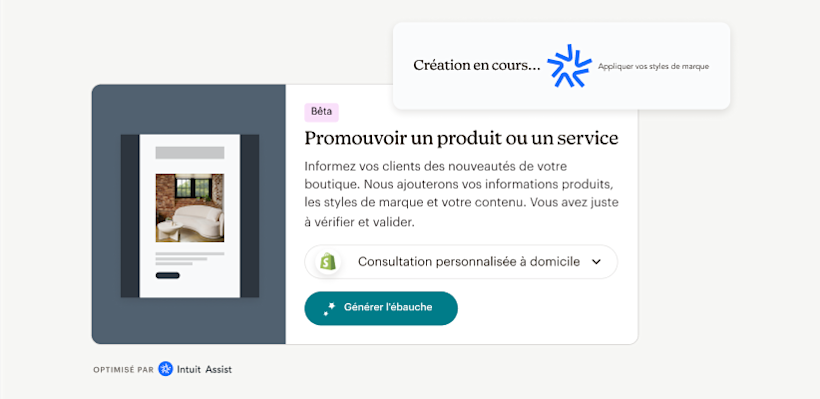 Exemple d'Intuit Assist générant un e-mail pour promouvoir un produit ou un service