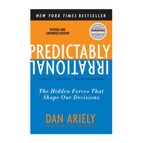 Book cover of "Predictably Irrational" by Dan Ariely showing white and orange text on blue background, New York Times bestseller badge