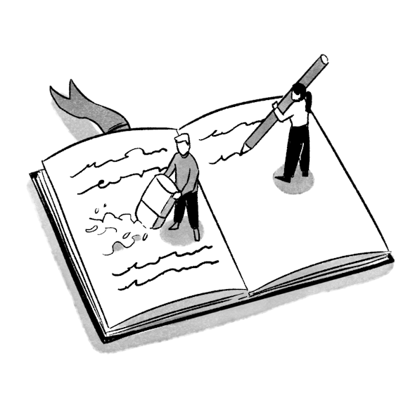 people writing and erasing text in a book