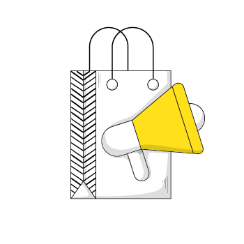 instagram ad pricing - Line drawing of a white shopping bag with geometric pattern and yellow megaphone emerging from it