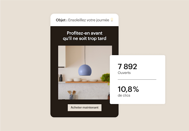 E-mail d’une entreprise d’éclairage montrant l’engagement des leads et les indicateurs de clics pour mettre en avant les analyses de Mailchimp visant à améliorer la campagne.

