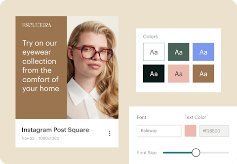 Image of an abstract representation of Mailchimp's Creative Assistant feature, showcasing floating elements of a generated Instagram post, and imported brand kit elements including a color palette and font characteristics. The visual demonstrates how users can efficiently create cohesive and branded content at scale using the integrated design tools provided by Mailchimp.