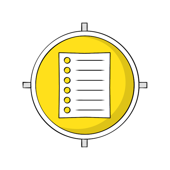 benefits of ad hoc reporting - A simple line drawing icon showing a white checklist or form with six bullet points against a bright yellow circular background