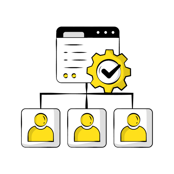 CRM functions- Illustration showing a document with settings gear icon above three yellow user profile icons arranged in a horizontal row below