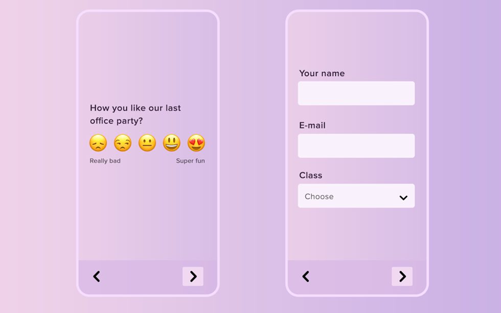 Two-screen mobile survey app with emoji rating scale and registration form on purple gradient background.