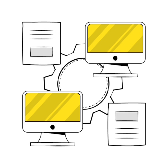 Website migration - Line drawing of two computer monitors with yellow screens connected by gears to documents, representing system integration or workflow