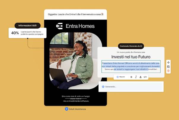 Interfaccia marketing che mostra la campagna Entra Homes con contenuti generati dall'AI e dati approfonditi, visualizzati su uno sfondo giallo