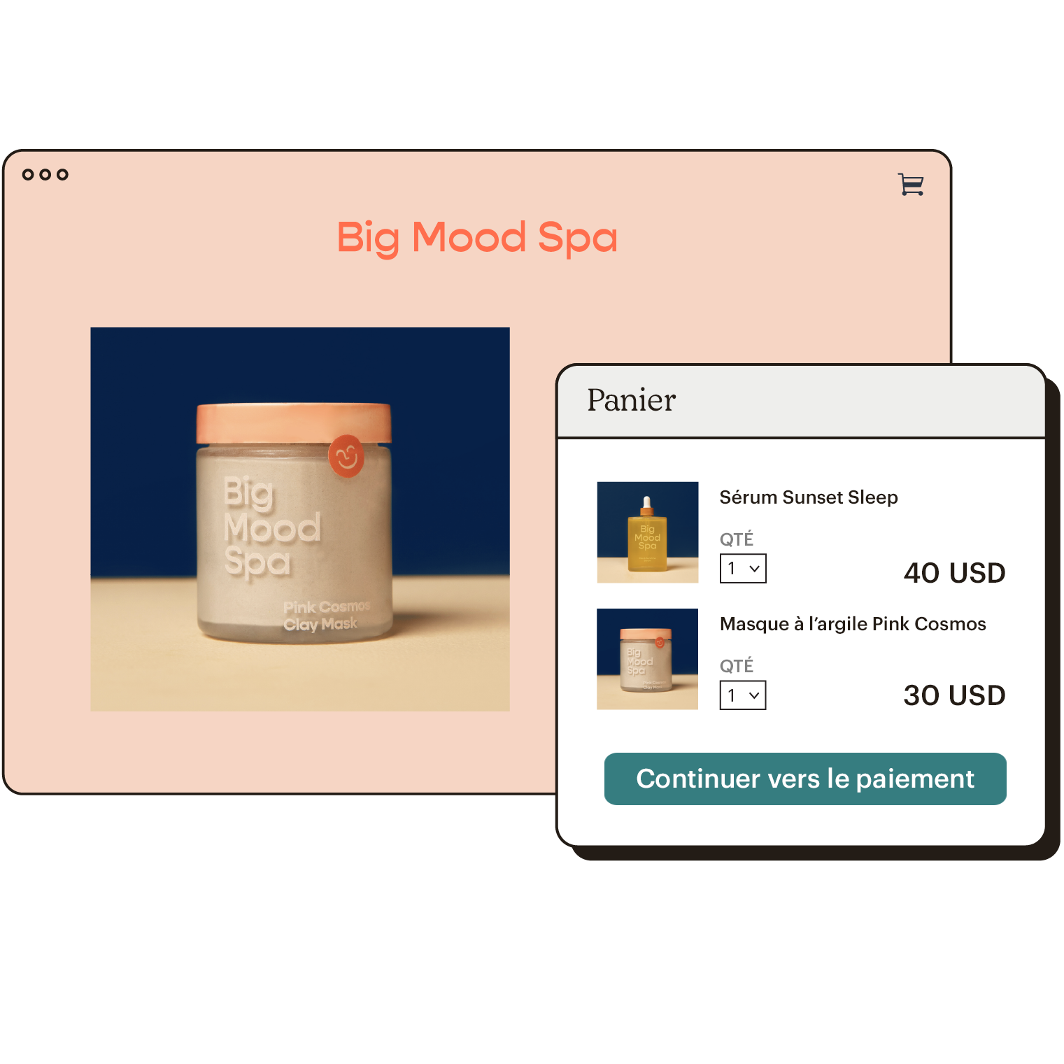 Exemple de page d'accueil de boutique, avec un deuxième volet incluant des articles dans un panier.