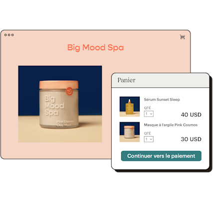 Exemple de page d'accueil de boutique, avec un deuxième volet incluant des articles dans un panier.