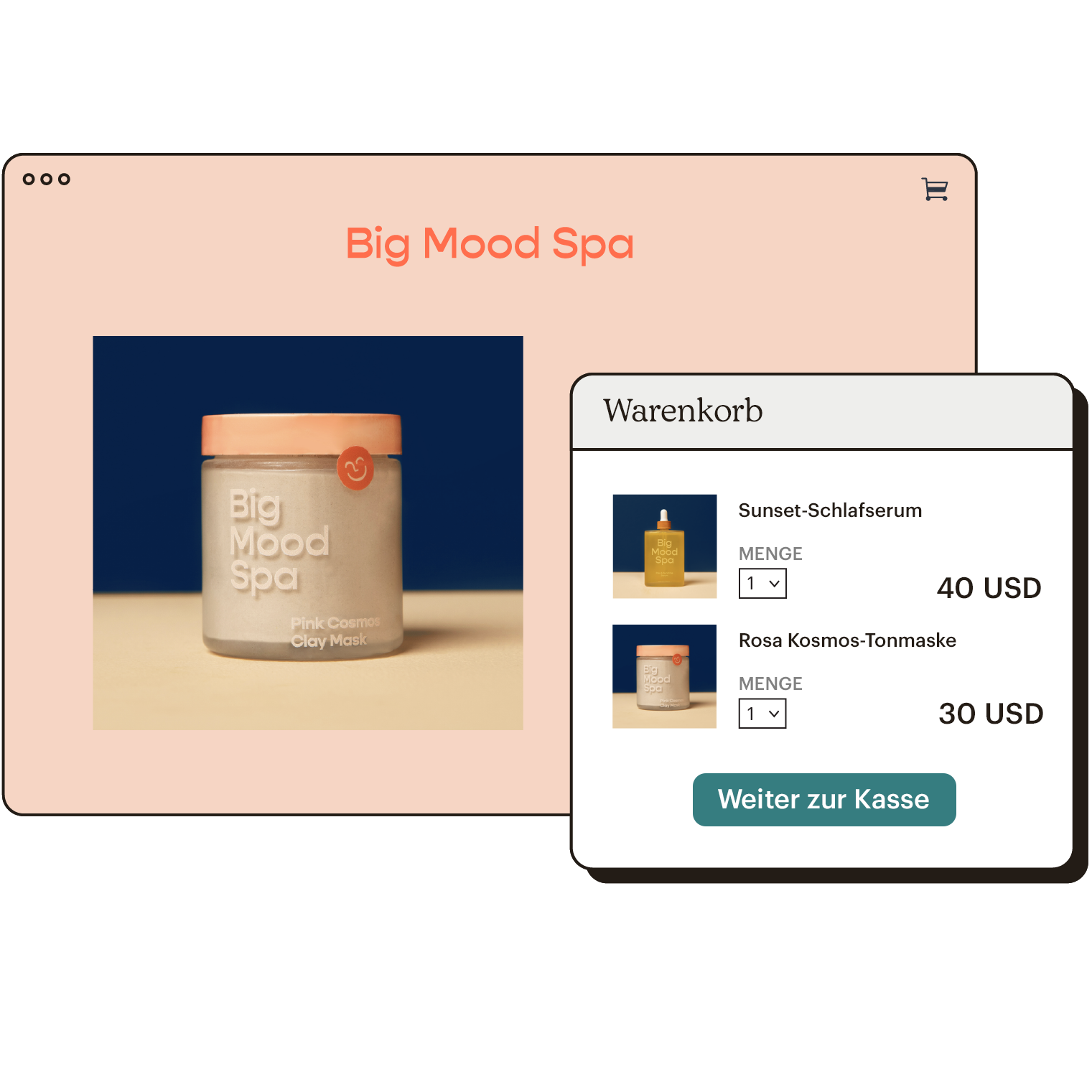 Beispielhafte Webshop-Homepage mit einem zweiten Bildschirmbereich, der Artikel in einem Warenkorb enthält.