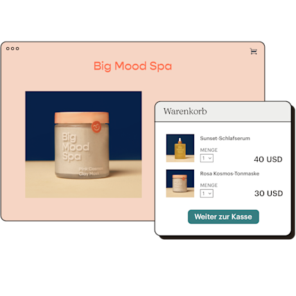 Beispielhafte Webshop-Homepage mit einem zweiten Bildschirmbereich, der Artikel in einem Warenkorb enthält.