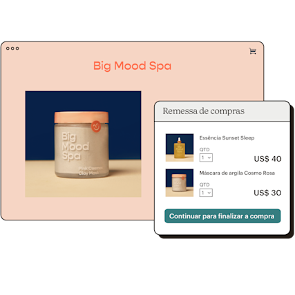 Exemplo da página inicial de uma loja, com um segundo painel que inclui itens em um carrinho de compras.