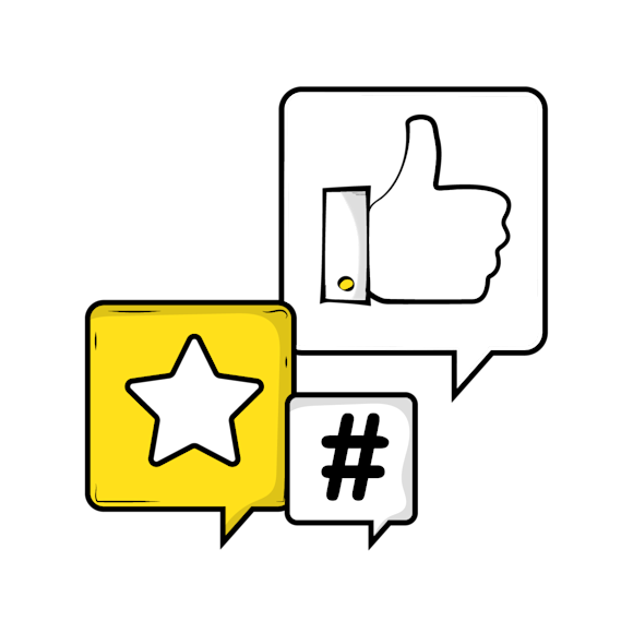 go viral - Social media icons showing a thumbs up, star symbol in yellow speech bubble, and hashtag symbol in white speech bubbles