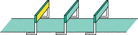 Three geometric barriers in yellow and turquoise arranged in a row on a mint green surface, creating a hurdle-like pattern