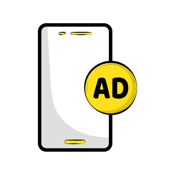 facebook ads - Stylized icon of a mobile phone with a yellow circular AD badge or button on the right side