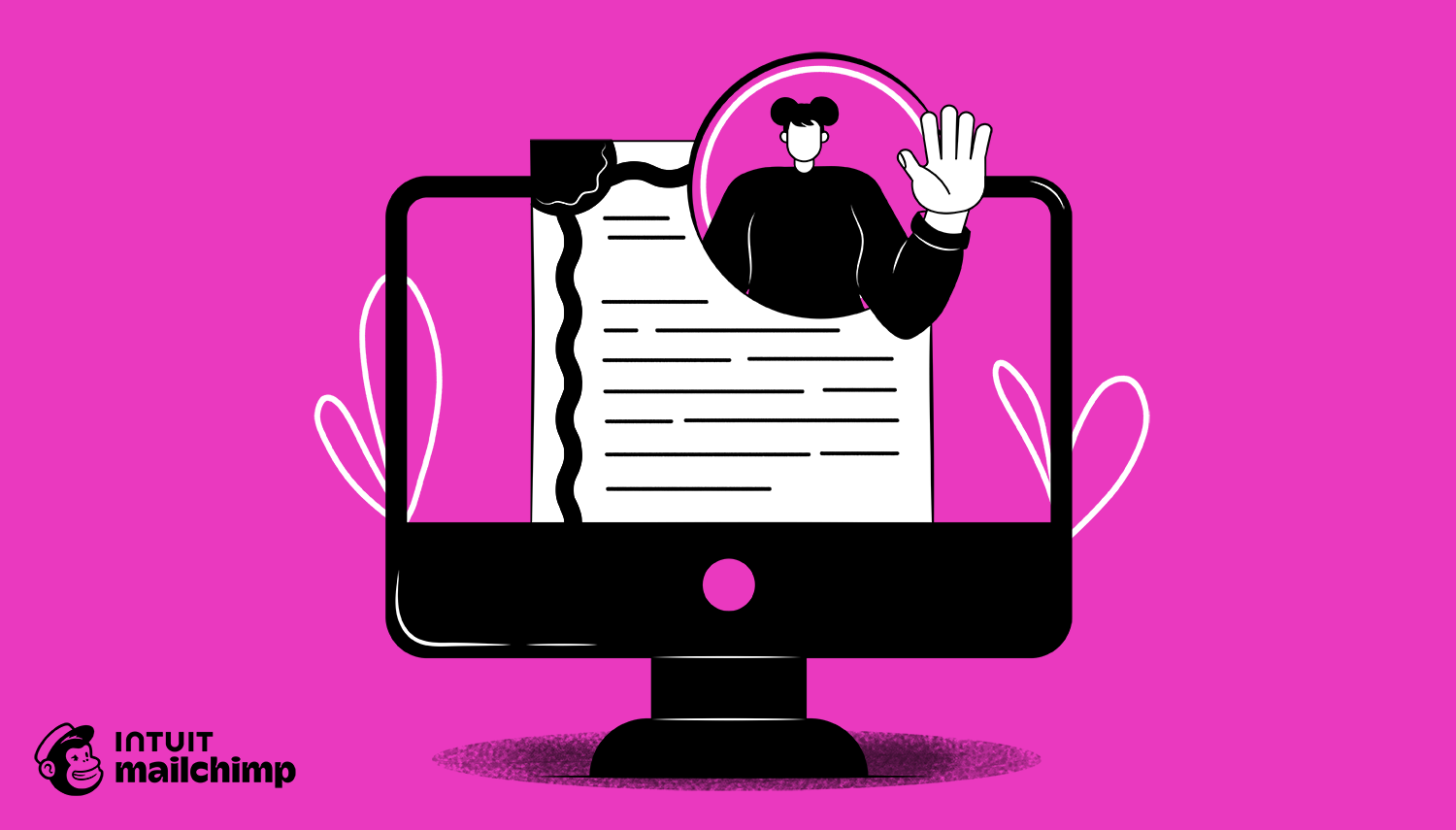 Illustration of a computer monitor showing a document, with a cartoon figure waving from a circular profile icon against a pink background
