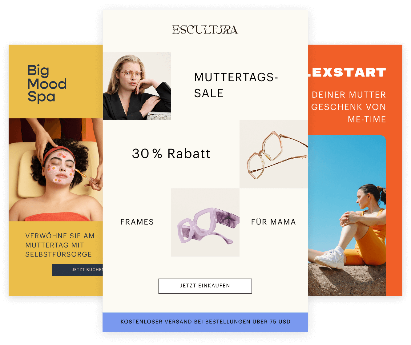 Eine Collage von Werbebildern mit Brillen, Pflanzen und Fitnessinhalten, mit überlagertem Text für SMS-Registrierungsformulare und Angebote