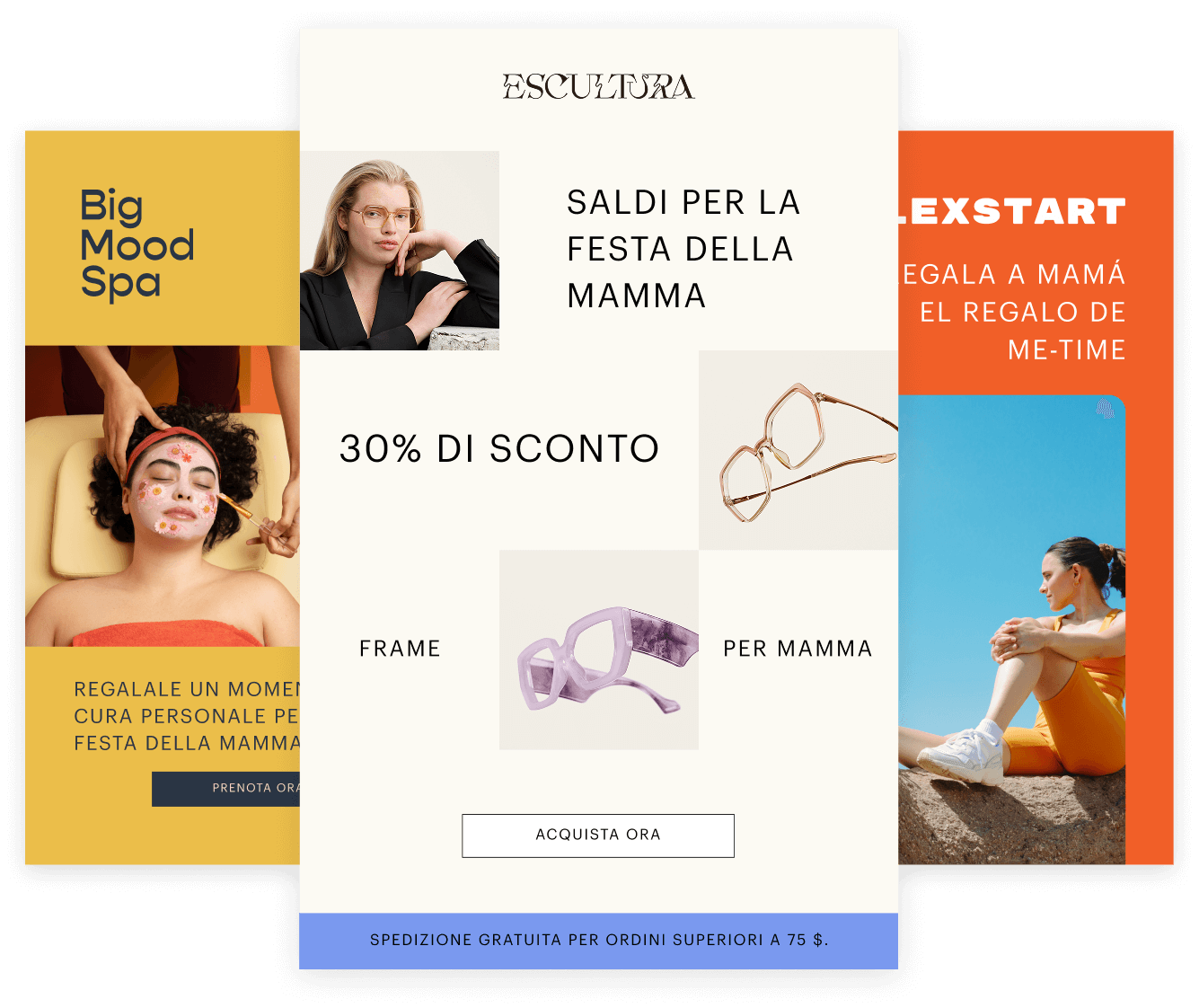 Un collage di immagini promozionali che mostra occhiali, piante e contenuti di fitness con sovrapposizioni di testo per iscrizioni via SMS e offerte