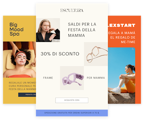 Un collage di immagini promozionali che mostra occhiali, piante e contenuti di fitness con sovrapposizioni di testo per iscrizioni via SMS e offerte