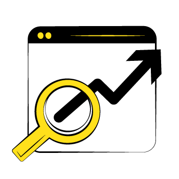 alt text helps SEO - illustration of an interface with magnifying glass icon and upwards trending arrow