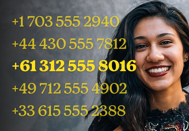 A smiling woman next to a sequence of floating phone numbers, which start with a US / Canada country code and proceed through country codes for the United Kingdom, Australia, and EU countries.