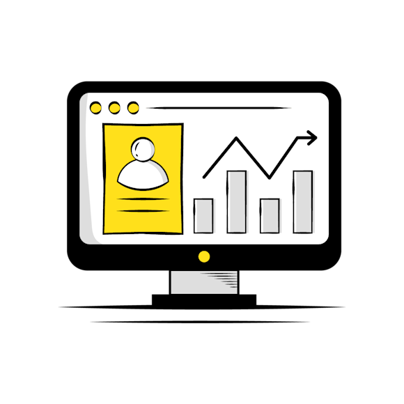 leverage customer data - Computer monitor displaying a user profile icon in yellow alongside a bar graph showing data visualization