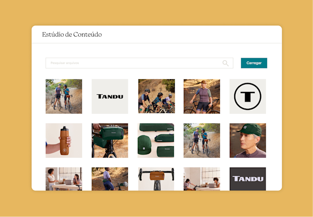 Estúdio de conteúdo do Mailchimp com uma variedade de arquivos, incluindo imagens de produtos e logotipos.