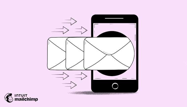 Black line illustration showing mobile devices with directional arrows between them, with Intuit Mailchimp logo below on pink background