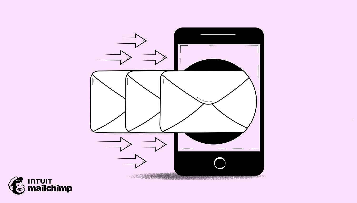 Black line illustration showing mobile devices with directional arrows between them, with Intuit Mailchimp logo below on pink background