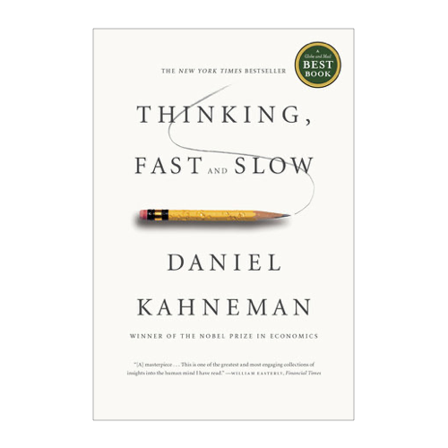 Book cover of "Thinking, Fast and Slow" featuring a yellow pencil drawing a curved line through the title text