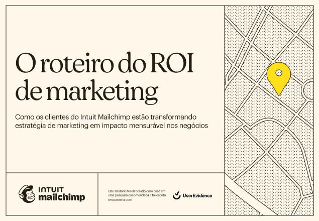 Imagem da capa do relatório "Roteiro do ROI de marketing" do Intuit Mailchimp, com um mapa com design minimalista e um alfinete de localização amarelo
