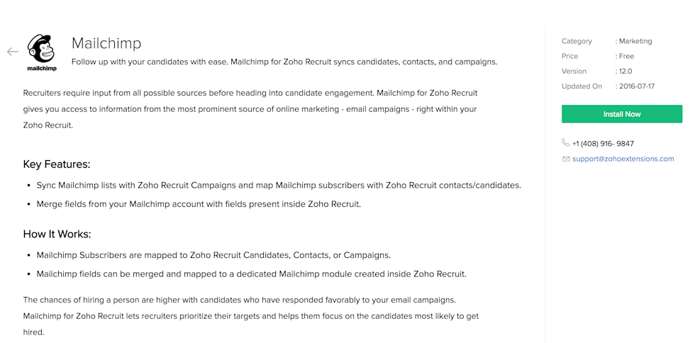 Install page for Zoho Recruit integration
